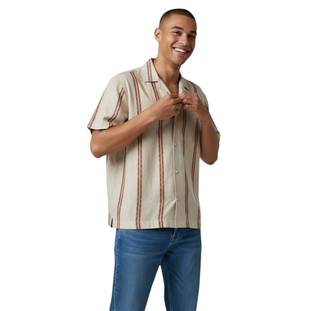 Size L Autograph Mark & Spencer Mens Buttoned Down Shirt Striped Beige Cotton